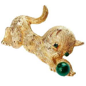 VTG 60s Brooch Cat Green Eyes Glass Ball Mid Century Figural Whimsical Pin
