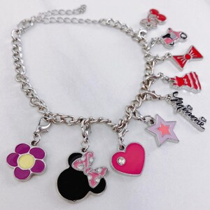 Minnie Mouse Disney Themed Charm Bracelet Silver Tone Pink Enamel VTG Y2K image 3