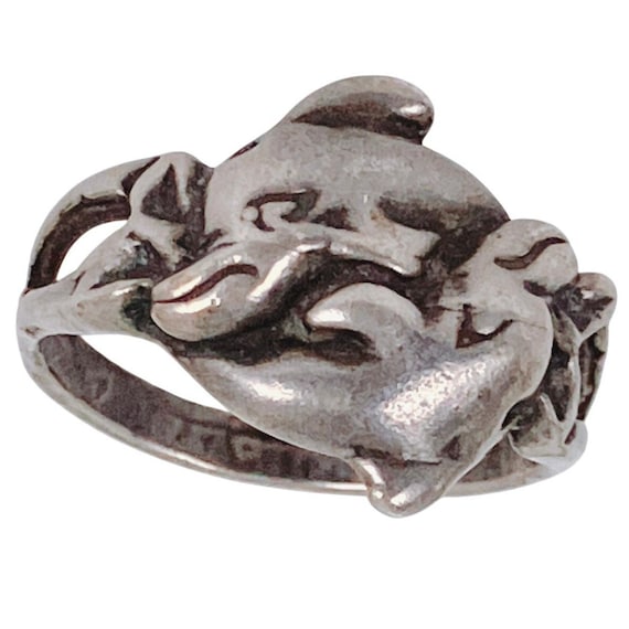 VTG Solid Silver Dolphin Ring 1990s Nautical Ocea… - image 4