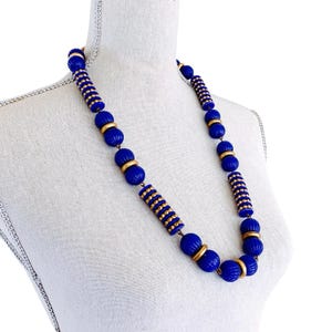 VTG 1980s Necklace Cobalt Blue Gold Tone Chunky Plastic Bead Statement 29&quot;