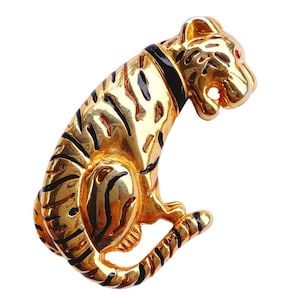 Vintage 1980s Gold Tone Enamel Tiger Brooch Red Eye Figural Animal Pin