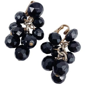 Vintage Faceted Black Beaded Cha Cha Clip-On Earrings, Mid-Century Retro