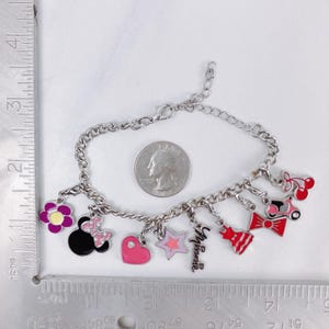 Minnie Mouse Disney Themed Charm Bracelet Silver Tone Pink Enamel VTG Y2K image 8
