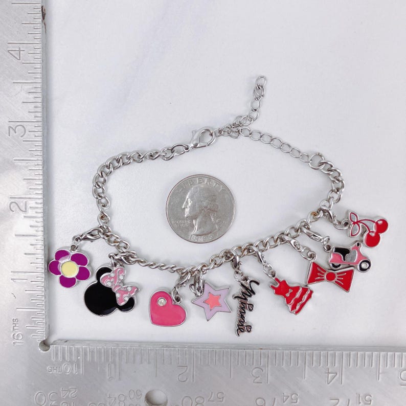 Minnie Mouse Disney Themed Charm Bracelet Silver Tone Pink Enamel VTG Y2K image 8
