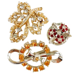 VTG Mid Century Brooch Lot Leaf Floral Buckle Rhinestone Gold Tone 1950s 1960s