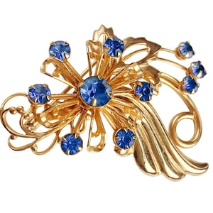 VTG 1940s Brooch Floral Spray Blue Rhinestones Mid Century Gold Tone Jewelry