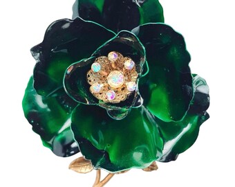 VTG 1960er Jahre Brosche Emaille Blumen AB Strasssteine goldfarben Mid Century Anstecknadel