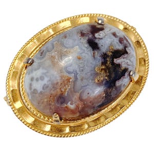 VTG Mid Century Brooch Agate Gemstone Oval Stone Pin 1960s 1970s Gold Tone