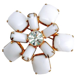 Vintage Mid Century Brooch Milk Glass Gold Tone Floral Pin 1950s
