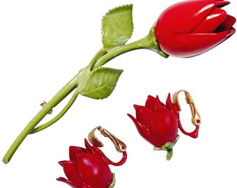 Vintage Enamel Red Rose Brooch & Clip On Earrings Set Romantic 50s Demi Parure