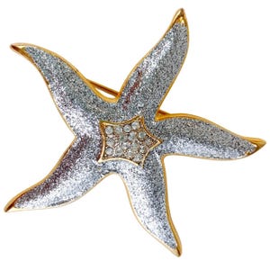 VTG Starfish Brooch Coastal Nautical Beach Glitter Statement 80s Gold Tone Pin