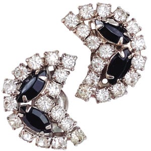 VTG Mid Century Clip On Earrings Rhinestone Crescent Silver Tone 1950s 1960s