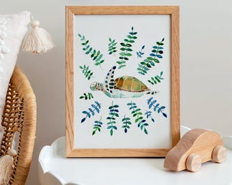 Aquarel kinderkamerprint schildpad: rustgevende muurkunst zeewier