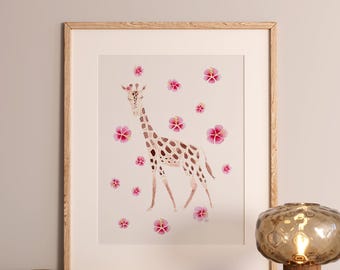 Aquarel giraffe print: hibiscus bloemensafari kinderkamerkunst (digitale download)