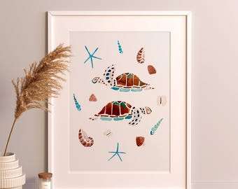 Dierenprint schildpad oceaan: maritieme kinderkamer muurkunst (digitale download)