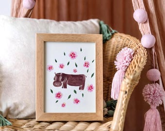 Kunstprint nijlpaardkwekerij: roze hibiscus bloemensafari muurkunst