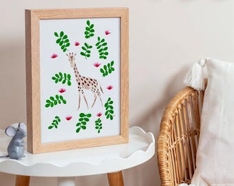 Giraf en acaciaboom kunstafdruk. Muurkunst safari kinderkamer, neutraal jungledecor