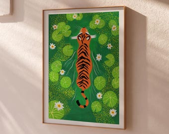 Zwemmende tijgerkunstprint: tijger schilderij