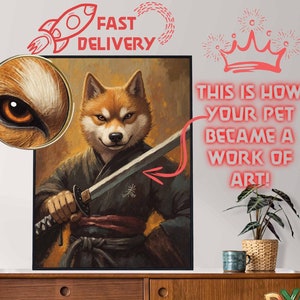 Personalized Katana Sword Dog Oilpaint Portrait, Ninja Dog Portrait, Japanese Samurai Dog Portrait, Anime Custom Dog Oilpaint Portrait,