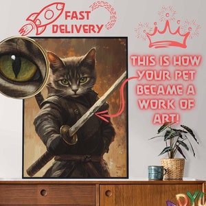 Personalized Ninja Cat Oilpaint Portrait, Japanese Samurai Cat Portrait, Anime Custom Cat Portrait, Katana Sword Cat Portrait, Pet Paint