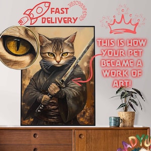 Personalized Ninja Cat Portrait, Japanese Samurai Cat Portrait, Anime Custom Cat Portrait, Katana Sword Cat Portrait,Personalised Pet Paint