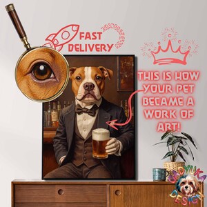 Custom Oilpaint Dog in Bar Portrait, Funny Dog in Bar Drinking Beer, Personalized Pet Art, Tavern Style Pet Painting, Gentleman Dog Beer