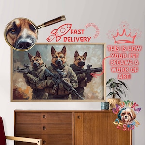 Custom Military Pet Portrait: Three Dogs With Rifle Art (Digital Download)