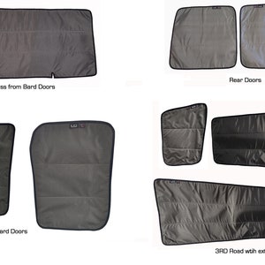 May include: Set of gray car window shades for a van. The shades are designed to fit the front, rear, and side windows. The shades are made of a durable material and are easy to install. The set includes shades for the "Bard Doors", "Rear Doors", and "3rd Road with extensions".