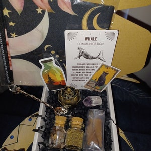 May include: An open box filled with spiritual items. Includes a notebook with a celestial design, a card with a whale illustration, small bottles, crystals, incense cones, and a decorative spoon. The box is lined with black paper.