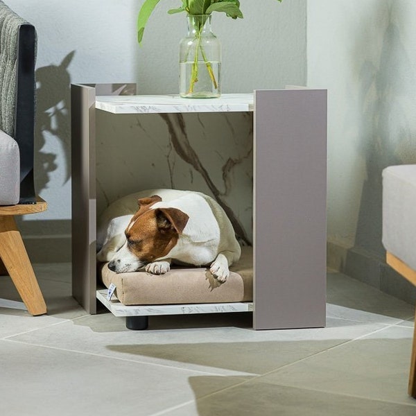 Niche en bois pour chien Corfu - Blanc, Gris / Gris, Blanc | Niche d'intérieur moderne pour chien, caisse pour chien, Boîte pour chien