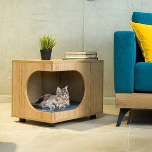 Wooden Cat House Kimolos - Wood / Grey, White | Indoor Kitten House, Elegant Cat House, Cat Furniture, Cute Cat Crate, Cat Home, Cat Box