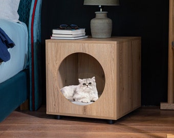 Wooden Cat House Kos - Wood/White Marble,Grey/Grey,White Marble/Dark Grey | Indoor Kitten House, Elegant Cat House, Cat Home, Cat Box