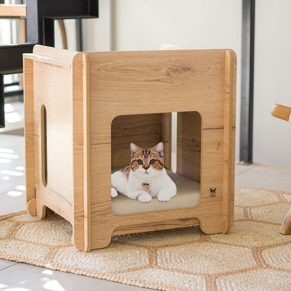 Maison pour chat en bois Mykonos - Bois / Gris | Maison de chaton d'intérieur,Caisse pour chat élégante,maison pour chat,boîte pour chat