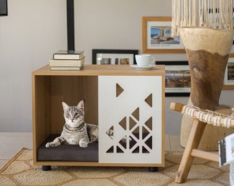 Wooden Cat House Ibiza - Wood,White | Indoor Kitten House, Elegant Cat House, Cat Furniture, Cute Cat Crate, Cat Home, Cat Box