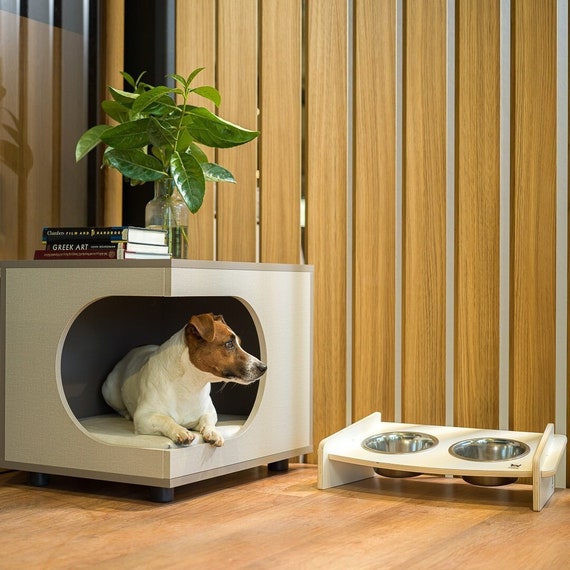 Wooden Dog House Kimolos Grey, White / Wood Modern Indoor Dog