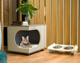 Wooden Cat House Kimolos - Gray, White / Wood | Indoor Kitten House, Elegant Cat House, Cat Furniture, Cute Cat Crate, Cat Home, Cat Box