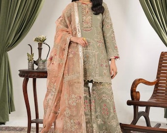 Moss Green Pakistani Gharara Set | Embroidered Organza 3-Piece Suit | Eid & Wedding Guest Outfit | Traditional Desi Party Wear Dress