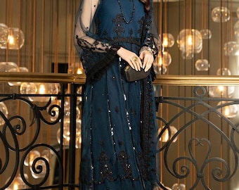 Navy Blue Maxi Dress Set | Pakistani 3-piece Net Embroidered Suit