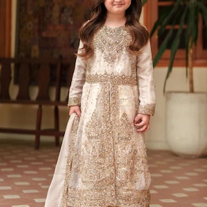 Girls' Gold Embroidered Maxi Dress  3-piece Formal Outfit With Dupatta |  Kids Wedding Guest Wear | Modest Eastern Dress - Etsy