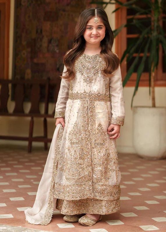 Girl Formal Maxi Dresses Girls' Gold Embroidered Maxi Dress 3-Piece Formal  Outfit With Dupatta Kids