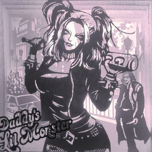 May include: Black and white illustration of a woman with pigtails holding a baseball bat and a bottle. The woman is wearing a leather jacket and a belt with studs. The text "Daddy's Lil Monster" is written in a stylized font below the woman.