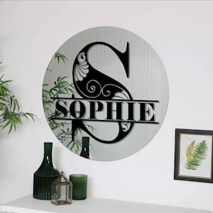 Nombre personalizado monograma Art Deco remolinos dormitorio espejo placa de vidrio puerta signo autoadhesivo alfabeto letra