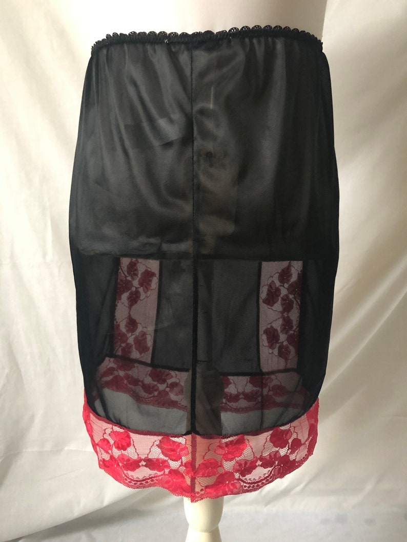 Handmade Black Nylon Red Lace Waist Half Slip Petticoat Lingerie GIFT BOXED image 2