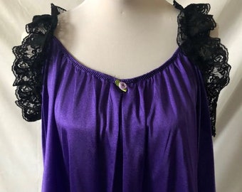 Handmade Purple Nylon Frilly Babydoll with Black Lace Negligée Lingerie Nightie Dessous GIFT BOXED