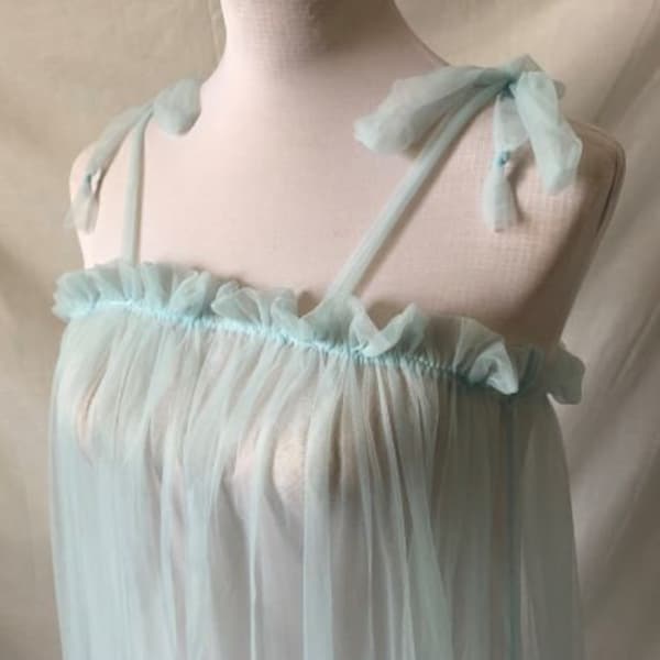 Handmade Blue Nylon Frilly Sheer Babydoll Negligée Lingerie Nightie GIFT BOXED