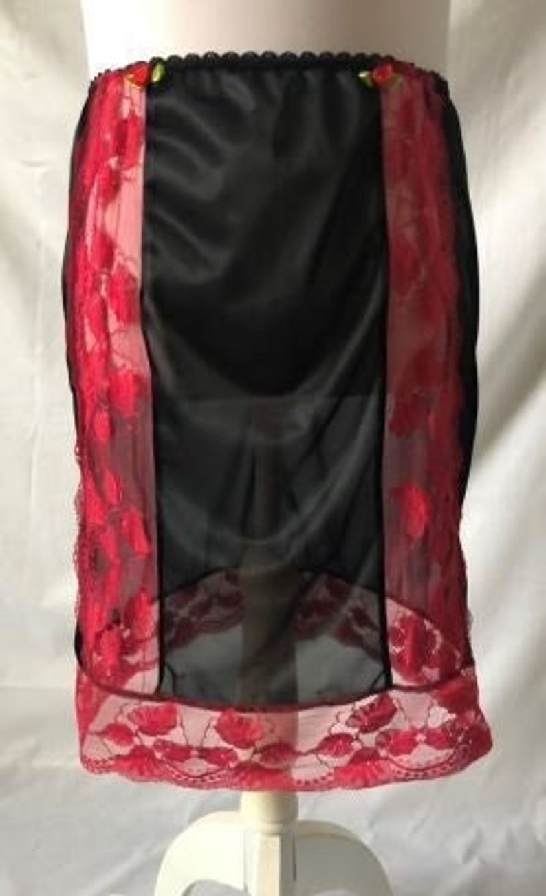 Handmade Black Nylon Red Lace Waist Half Slip Petticoat Lingerie GIFT BOXED image 1