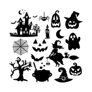 May include: A collection of black Halloween-themed silhouettes featuring a haunted house, a witch on a broomstick, a ghost, a spider, a spiderweb, a cauldron, pumpkins, bats, a crescent moon, a candle, a bare tree, and a witch hat on a white background.