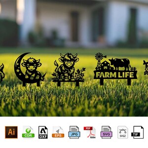 Highland Cow Garden Stake SVG Set, Cute Calf Laser Cut Files, Farmhouse Welcome Sign DXF, Metal Yard Art CNC Plasma Files