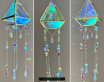 Gold Iridescent Glass Terrarium Suncatcher - Pyramid Prism shape