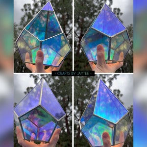 Large Silver Iridescent Glass Hanging Terrarium - Teardrop Prism shape